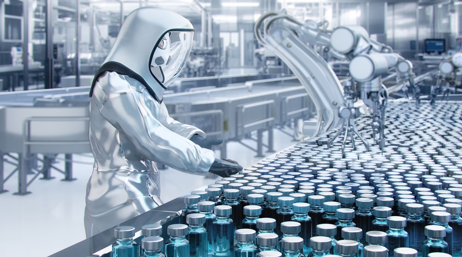 Sterile pharmaceutical manufacturing. A worker in a cleanroom suit, robotic automated production of injectable drugs, vaccines